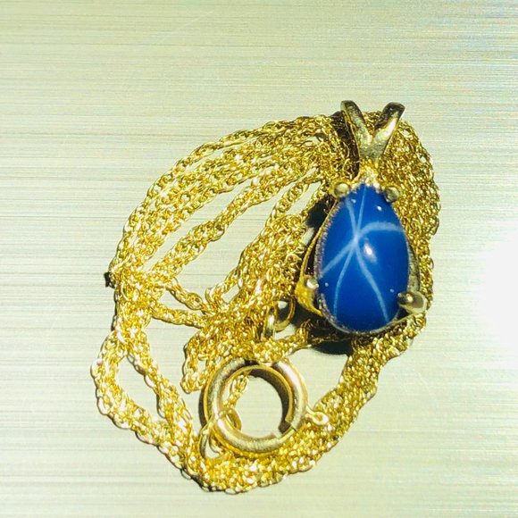 18K Gold Pendant & Synthetic Linde 6 Star 1 Ct. Blue Sapphire + 10K Necklace 19"